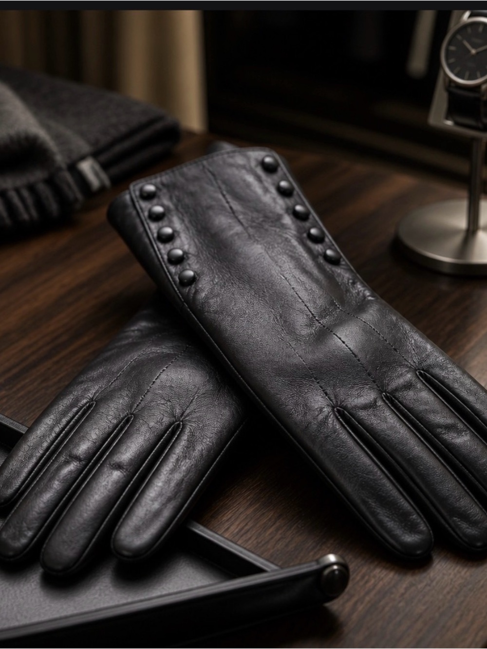 Black Buckle Soft leather Small winter dress gloves